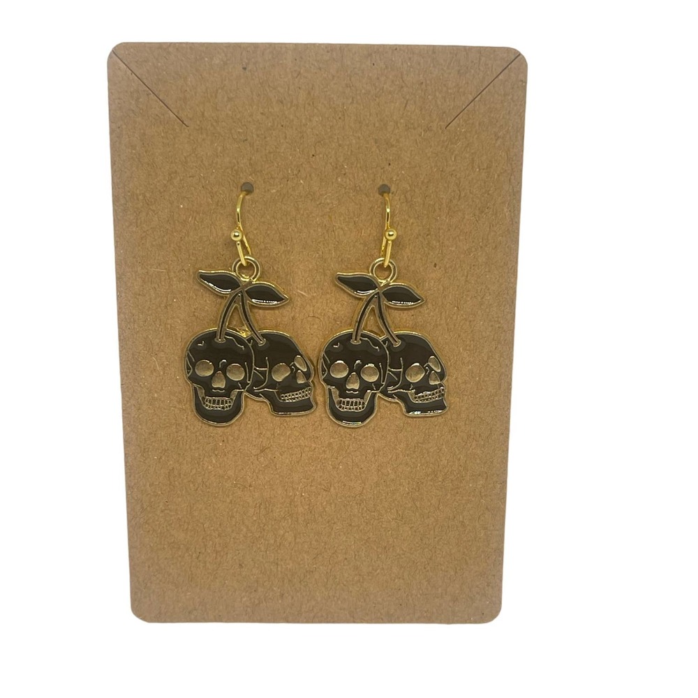 Skull Cherry Earrings - Gold Plated Enamel Charms - Hypoallergenic